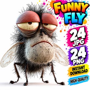 Puede incluir: Un personaje de mosca de dibujos animados con grandes ojos compuestos rojos, un cuerpo negro peludo y alas translúcidas. La imagen incluye el texto FUNNY FLY, 24 JPG, 24 PNG, INSTANT DOWNLOAD y HIGH-QUALITY sobre un fondo de salpicaduras.