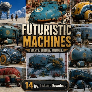 May include: A digital collage of various futuristic machines, including bipedal mechs and rounded heavy vehicles in blue, yellow, and red. The central text reads FUTURISTIC MACHINES GIANTS. ENGINES. FUTURES. and 14 jpg Instant Download.
