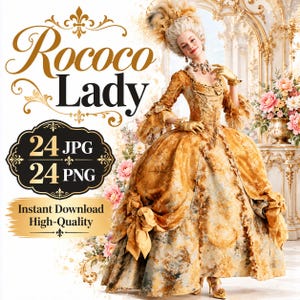 May include: A digital graphic featuring the text Rococo Lady, 24 JPG, 24 PNG, and Instant Download High-Quality. The image displays a person in an elaborate gold and cream-colored gown with lace details, a tall powdered wig, and gold gloves.