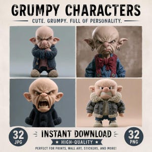 May include: A digital collection titled GRUMPY CHARACTERS CUTE. GRUMPY. FULL OF PERSONALITY. featuring four distinct illustrations of bald, expressive creatures in various outfits, including a blue sweater, a red bow tie, and a shearling jacket.