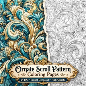 Könnte beinhalten: Eine digitale Sammlung von Ornate Scroll Pattern Malvorlagen mit 24 JPG-Dateien. Das Bild zeigt ein geteiltes Design mit einem lebendigen blaugrünen und goldenen Schnörkelmuster auf der linken Seite und einer schwarz-weißen Linienzeichnung rechts.