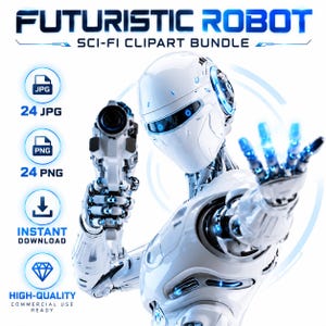 Op de afbeelding: Een digitaal clipart-pakket getiteld FUTURISTIC ROBOT SCI-FI CLIPART BUNDLE met een witte humanoïde robot met blauwe lichtgevende accenten, die een wapen vasthoudt en de andere hand uitsteekt. Bevat 24 JPG- en 24 PNG-bestanden om te downloaden.