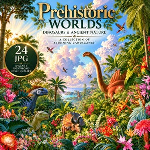 Może przedstawiać: Cyfrowa kolekcja zatytułowana Prehistoric Worlds Dinosaurs & Ancient Nature przedstawiająca tętniący życiem krajobraz dżungli z różnymi dinozaurami, w tym zauropodem o długiej szyi, triceratopsem i niebieskim dinozaurem, otoczonymi kolorowymi tropikalnymi kwiatami.
