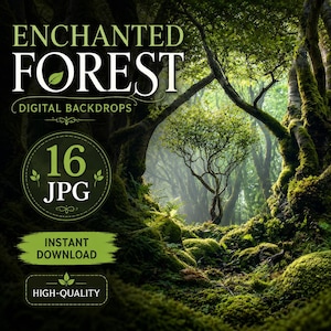 Può includere: Un elenco di prodotti digitali con il testo ENCHANTED FOREST DIGITAL BACKDROPS, 16 JPG, INSTANT DOWNLOAD e HIGH-QUALITY. Lo sfondo mostra una scena di foresta lussureggiante e muschiosa con alberi densi e fogliame sotto una luce soffusa.