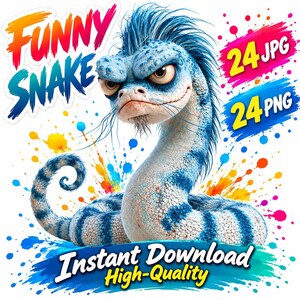 Puede incluir: Una ilustración digital de una serpiente azul y blanca con una cresta puntiaguda y expresión gruñona, rodeada de salpicaduras de pintura coloridas. El texto dice FUNNY SNAKE, 24 JPG, 24 PNG e Instant Download High-Quality sobre fondo blanco.