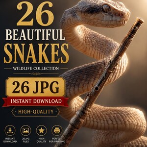 Może przedstawiać: Cyfrowa grafika przedstawiająca beżowego węża owiniętego wokół ozdobnego, ciemnego metalowego fletu. Tekst zawiera 26 BEAUTIFUL SNAKES WILDLIFE COLLECTION, 26 JPG, INSTANT DOWNLOAD, HIGH-QUALITY oraz ikony pobierania i drukowania.