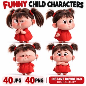 May include: A digital illustration set titled FUNNY CHILD CHARACTERS featuring four depictions of a young child with brown hair in pigtails wearing a red dress, displaying various facial expressions including skepticism, curiosity, and annoyance.
