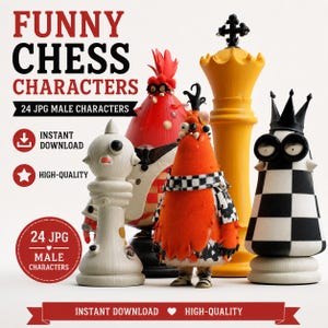 Könnte beinhalten: Eine Sammlung von schachinspirierten Figuren, darunter ein großer gelber König, eine schwarz-weiß karierte Spielfigur sowie orangefarbene und rote Charaktere. Text: FUNNY CHESS CHARACTERS, 24 JPG MALE CHARACTERS, INSTANT DOWNLOAD, HIGH-QUALITY.