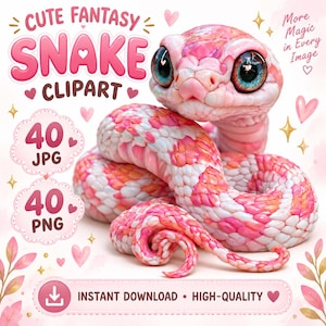 Puede incluir: Una ilustración digital de una serpiente con grandes ojos azules y escamas rosas, blancas y naranjas. La imagen incluye el texto: CUTE FANTASY SNAKE CLIPART, 40 JPG, 40 PNG, More Magic in Every Image, e INSTANT DOWNLOAD - HIGH-QUALITY.