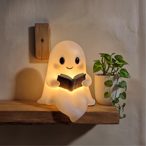 Ghost Reading Book Night Light | Cute Resin Table Lamp with Warm Soft Glow | Desk & Nursery Lamp Halloween Gift for Book Lovers