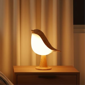 May include: A wooden bird-shaped table lamp with a warm, glowing light. The lamp has a light-colored, rounded body and a darker wooden head and wing. It sits on a wooden base, placed on a wooden nightstand.