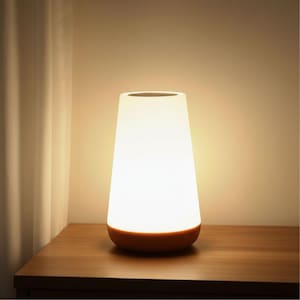 May include: A lit, white and orange table lamp with a conical design. The lamp sits on a wooden surface, with a warm, neutral background. The lamp emits a soft, diffused light, creating a warm ambiance.