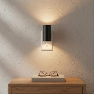 Puede incluir: Una luz de noche negra enchufada a un enchufe de pared, emitiendo un brillo cálido. Un par de gafas descansa sobre un libro en una mesita de noche de madera. La pared tiene un acabado texturizado blanquecino.