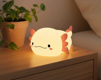 かわいいアホロートルのシリコン製ナイトライト - 子供用保育室ランプ、タップコントロール充電式（USB-C）、調光機能付きグロー、就寝サポート用タイマー機能