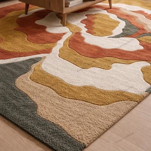 Peut inclure: Tapis rectangulaire avec un motif abstrait en couches dans les tons orange, jaune, beige, blanc et vert. Le tapis a un aspect texturé et est posé sur un sol en bois. Une table basse en bois et un canapé sont en arrière-plan.