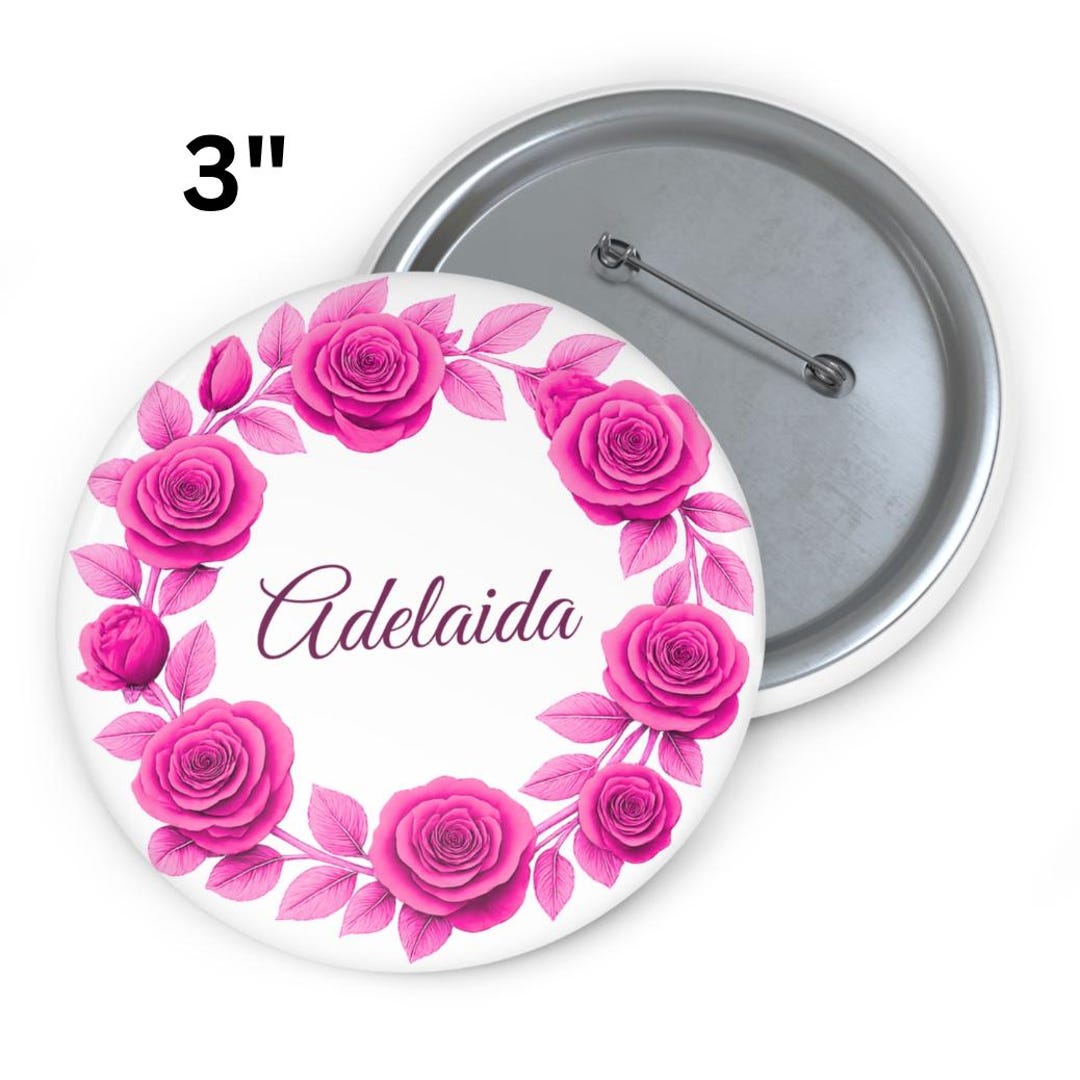 Personalized Pink Rose Name Badge Pin, Custom Floral Button Accessory ...