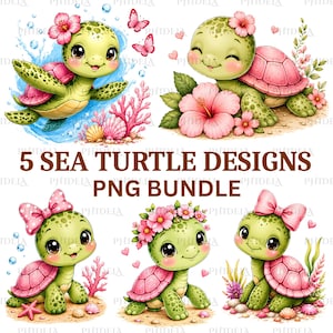 May include: Five illustrations of green sea turtles with pink shells, decorated with hibiscus flowers, bows, and seashells. The text 5 SEA TURTLE DESIGNS PNG BUNDLE is centered in brown letters. The turtles are shown in various poses with water and sand.