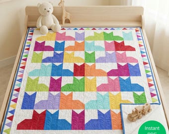 Modello PDF per trapunta con gatti arcobaleno, biancheria da letto colorata e geometrica per animali domestici, coperta patchwork moderna per letto singolo 55,5x73,5, decorazione per la cameretta, regalo per amanti dei gatti