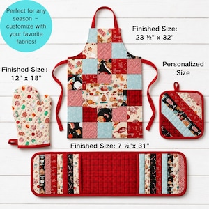 Peut inclure: Un ensemble de cuisine comprenant un tablier en patchwork avec des liens rouges, une manique assortie, un dessous de plat carré et une housse de poignée rectangulaire. Les articles présentent des motifs de fête avec des dimensions de 59,7 x 81,3 cm.