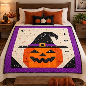 Patrón de colcha de calabaza de Halloween con temática de brujas, ideal para principiantes (PDF)