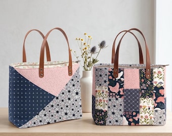 2-in-1 Patchwork Tote Bag Sewing Pattern PDF | Quilted Zipper Handbag Tutorial | Fat Quarter Friendly Bag Maker Project | DIY Everyday Bag