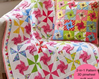 2-in-1 3D Pinwheel Quilt and Pillow Pattern, Charm Pack Friendly PDF Pattern, Prairie Point Border Quilt Tutorial, Digital Sewing Pattern