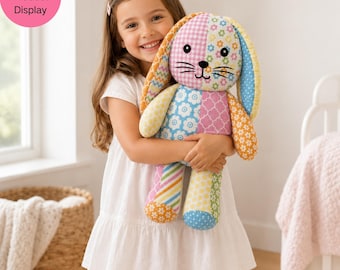 Patchwork Bunny Toy Cut and Sew Fabric Panel, Plush Toy DIY Kit, 100% Cotton Rabbit Sewing Pattern, Easter Bunny Craft Project, Nursery Gift