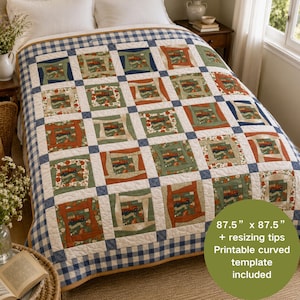 May include: A patchwork quilt featuring a repeating pattern of red trucks and pumpkins on a green background, framed by white and blue gingham borders. The quilt measures 87.5 inches by 87.5 inches and includes printable curved templates.
