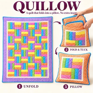 Puede incluir: Un Quillow, una colcha que se pliega en una almohada, con un patrón de cuadros vichy multicolor en amarillo, naranja, rosa, morado, verde y azul. El texto dice: QUILLOW, A quilt that folds into a pillow. No extra insert. 1 UNFOLD, 2 FOLD & TUCK, 3 PILLOW.