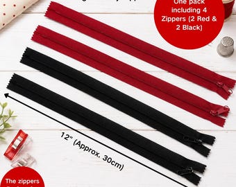 12" Craft Zippers 4-Pack (2 Red, 2 Black) | 30cm Sewing Zippers for Pouches, Tote Bags & Quilting Crafts | Polyester Bag Making Supplies