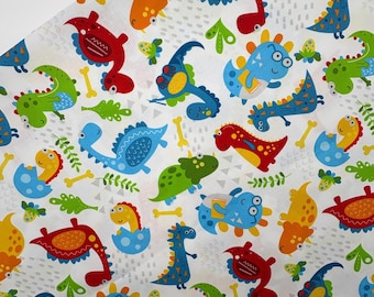 White Reading Dinosaur Fabric 100% Cotton Fabric by the Half Yard, Cute Baby Dino Nursery Quilting Cotton, Toddler Boys Book Bag Material44"