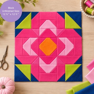 Camellia Quilt Block Pattern PDF | 12.5" Floral Patchwork | Snowball & HST Technique | Spring Table Runner tutor | Garden Bloom BOM Series