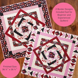 May include: Two square quilts featuring a central star pattern with red, black, and pink floral and truck motifs. The quilts have intricate geometric borders and quilting textures. Text reads: 2 Border Designs Included Suit for Beginner and Experienced Quilters! Finished Size: 36 1/2" x 36 1/2".