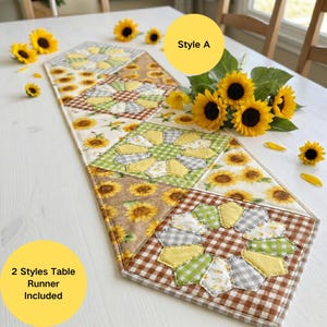 May include: A quilted table runner featuring a patchwork design with sunflower prints, brown and white gingham, and green and white checkered fabric. The runner includes circular floral motifs and the text Style A and 2 Styles Table Runner Included.
