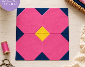 Daisy Quilt Block Pattern PDF | 12.5" Flower Patchwork | Beginner Friendly Snowball Method | Cottagecore Table Runner DIY | Garden Bloom BOM