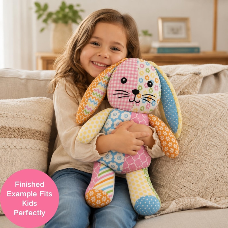 May include: A plush rabbit toy featuring a patchwork design with various colorful patterns including gingham, floral, polka dot, and chevron prints in shades of pink, blue, yellow, and orange, with black embroidered eyes, nose, and whiskers.