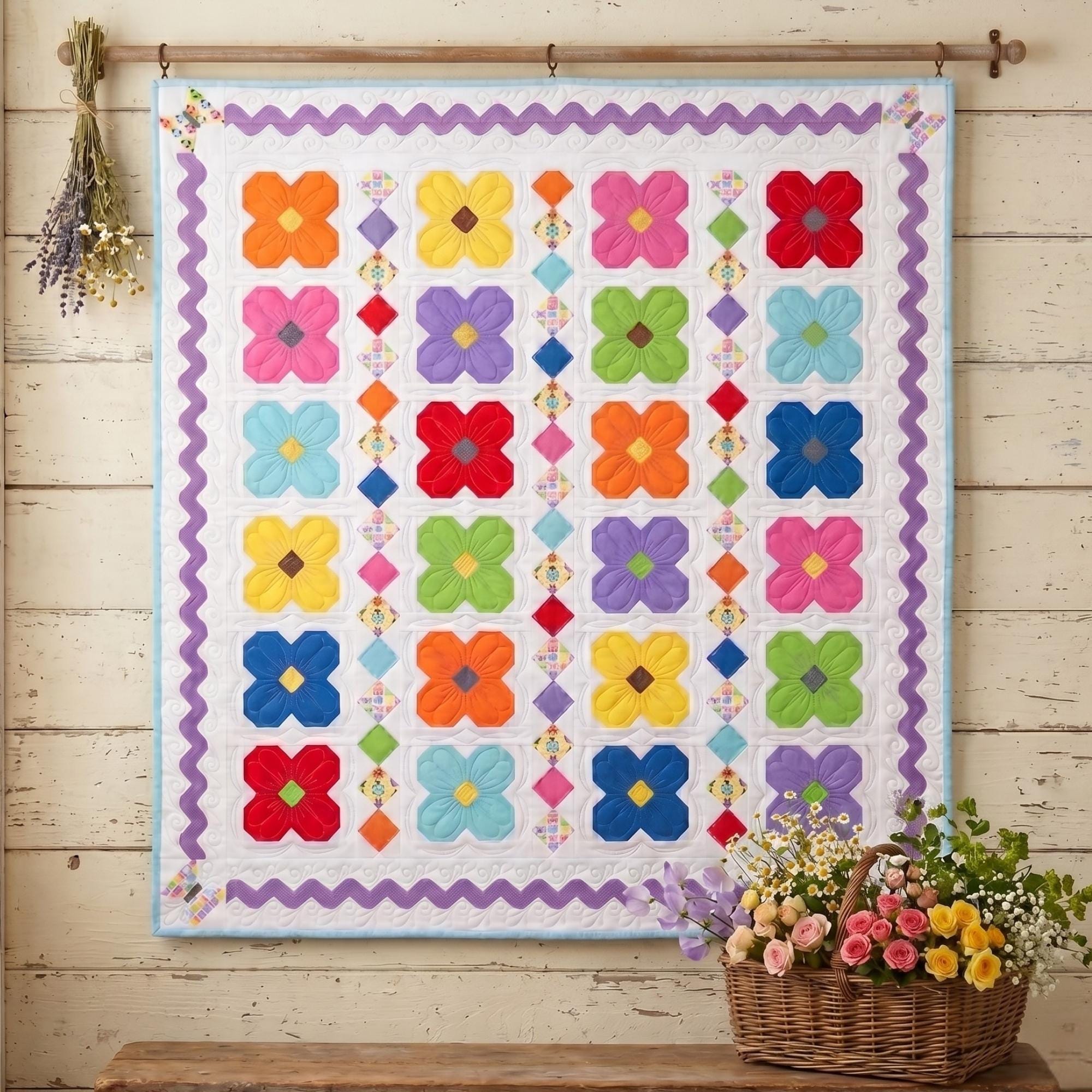 Decorating Wuilt With Ric Rak Whimsy Garden Floral Quilt Pattern PDF | 64