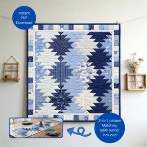 Modern Quilt Pattern PDF - Blue Mountain Quilt and Table Runner Pattern - HST Quilt Pattern - Geometric Patchwork Design - Digital Download