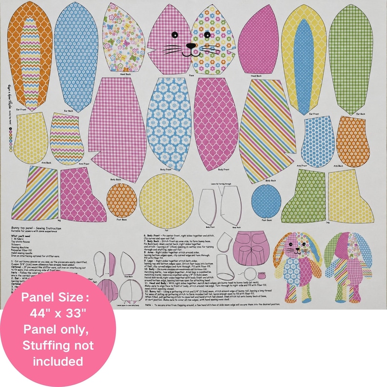 May include: A fabric sewing panel for a stuffed bunny toy featuring various colorful patterned shapes including ears, arms, legs, and a face. The panel includes printed instructions and a finished toy illustration, measuring 44 inches by 33 inches.