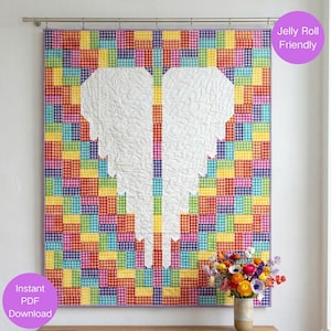 Angel Wings Quilt Pattern PDF | Jelly Roll Friendly Throw Quilt | Geometric Heart Patchwork Blanket | Instant Download 50.5" x 60.5"