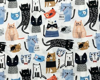 May include: White fabric with a repeating pattern of cartoon cats in various colors and poses. The cats have different facial expressions and wear accessories like bandanas and bow ties. Some cats are holding milk cartons. The overall design is playful and whimsical.