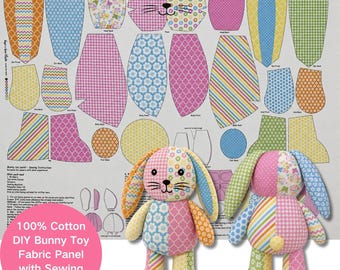 Cut and Sew Panel, 100% Cotton Bunny Toy Fabric, DIY Stuffed Animal Kit, Patchwork Rabbit Sewing Project for Beginners, Nursery Decor.