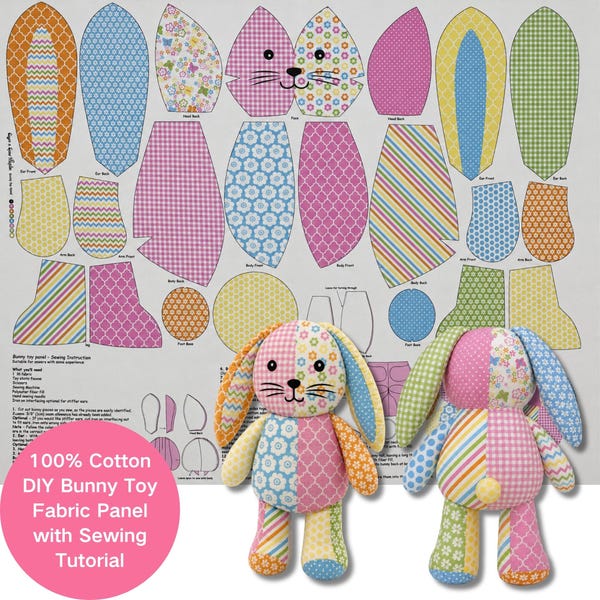 Cut and Sew Panel, 100% Cotton Bunny Toy Fabric, DIY Stuffed Animal Kit, Patchwork Rabbit Sewing Project for Beginners, Nursery Decor.