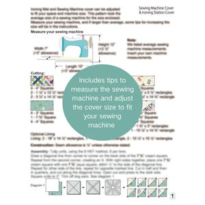 以下が含まれることがあります： Sewing Machine Cover & Ironing Station Coverというタイトルの裁縫パターン文書。幅7インチ、長さ15インチ、高さ12インチのミシンの図と、布地の裁断に関する指示が含まれています。