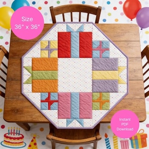 May include: A colorful quilted table topper, 36" x 36", featuring gift box designs in red, orange, pink, purple, and yellow. The topper has a white center with small polka dots and a purple border. The image also includes the text "Size 36" x 36" and "Instant PDF Download."
