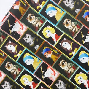 Tyg med berömt konstkatt, originellt bomullsquilttyg, Mona Lisa-paroditryck, pärlörhänges-kattblockmönster, lapptäcksmaterial per halv meter
