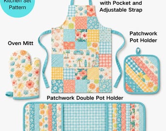 4-in-1 Patchwork Kitchen Set | Apron, Oven Mitt, Pot Holders PDF Tutorial | Fat Quarter Friendly DIY Gift