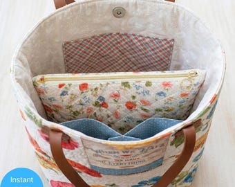 Multi-Pocket Tote Bag Sewing Pattern PDF | Zipper Divider Bag | 15"x18" Panel Fabric Friendly Tote | DIY Quilted Market Bag Instant Download