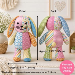 May include: A plush rabbit toy featuring a patchwork design of various colorful floral, gingham, and geometric patterns. The toy is shown from the front and back, with a height of 21.5 inches and a width of 9.5 inches as indicated by labels.
