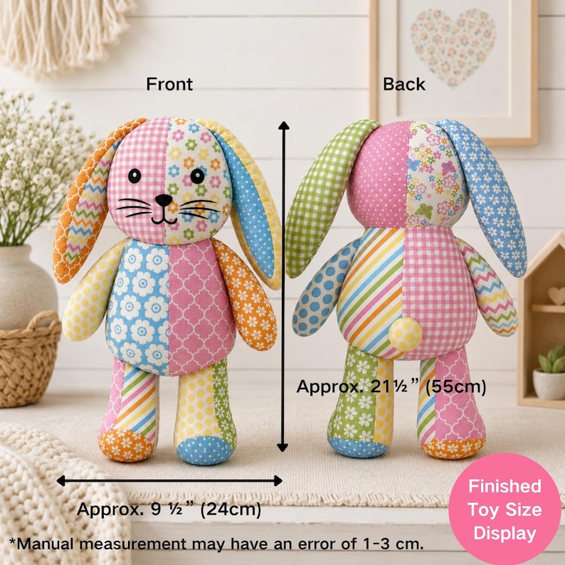 May include: A plush rabbit toy featuring a patchwork design of various colorful floral, gingham, and geometric patterns. The toy is shown from the front and back, with a height of 21.5 inches and a width of 9.5 inches as indicated by labels.